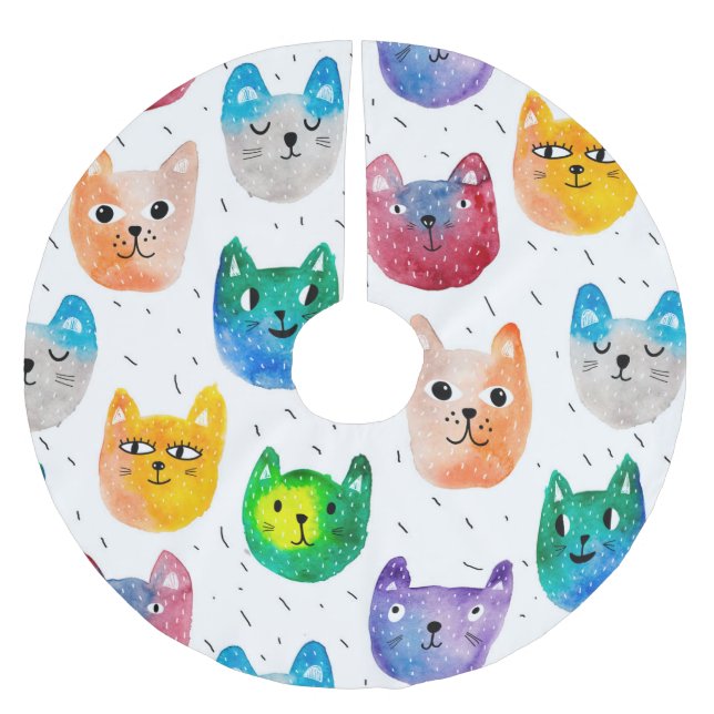Saia Para Árvore De Natal De Poliéster Gatos com aquarelas e amigos (Frente)