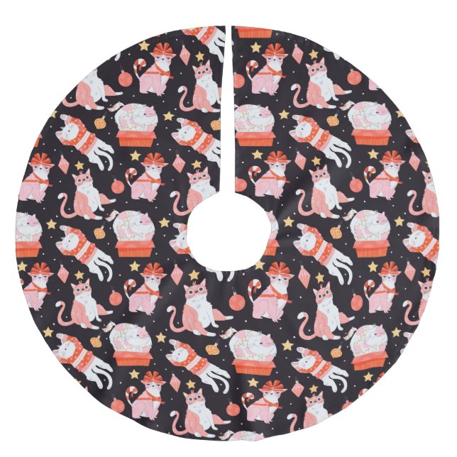Saia Para Árvore De Natal De Poliéster Gatos de Natal bonitos (Frente)
