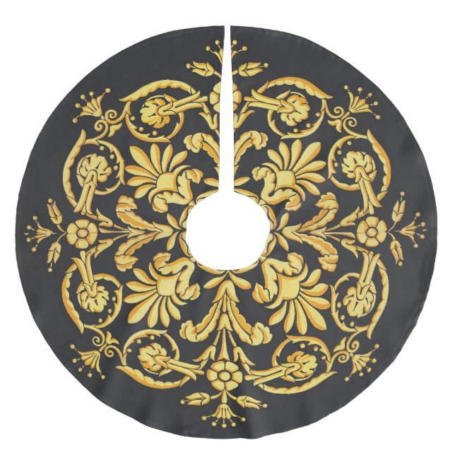 Saia Para Árvore De Natal De Poliéster Gold And Black Floral Pattern (Frente)