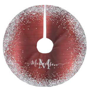 Saia Para Árvore De Natal De Poliéster Grelha de Glitter Vermelho Monograma