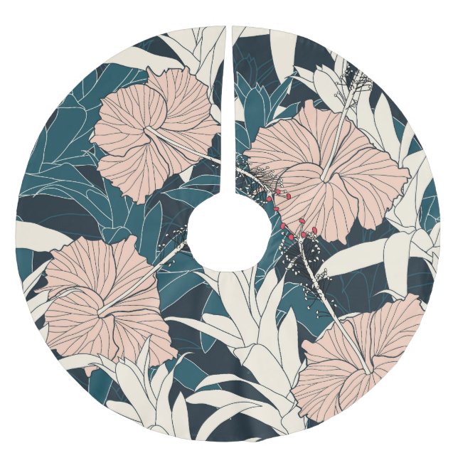 Saia Para Árvore De Natal De Poliéster hibisco rosa tropical, fundo escuro (Frente)