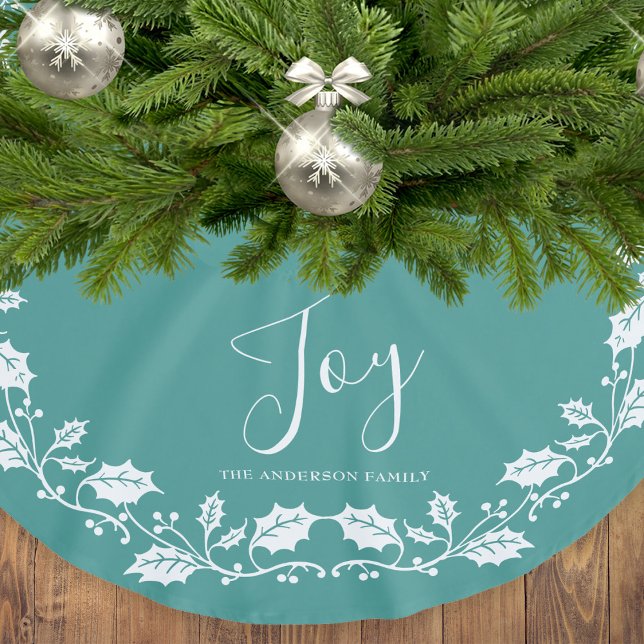 Saia Para Árvore De Natal De Poliéster Joy White Holly Teal Natal (Criador carregado)