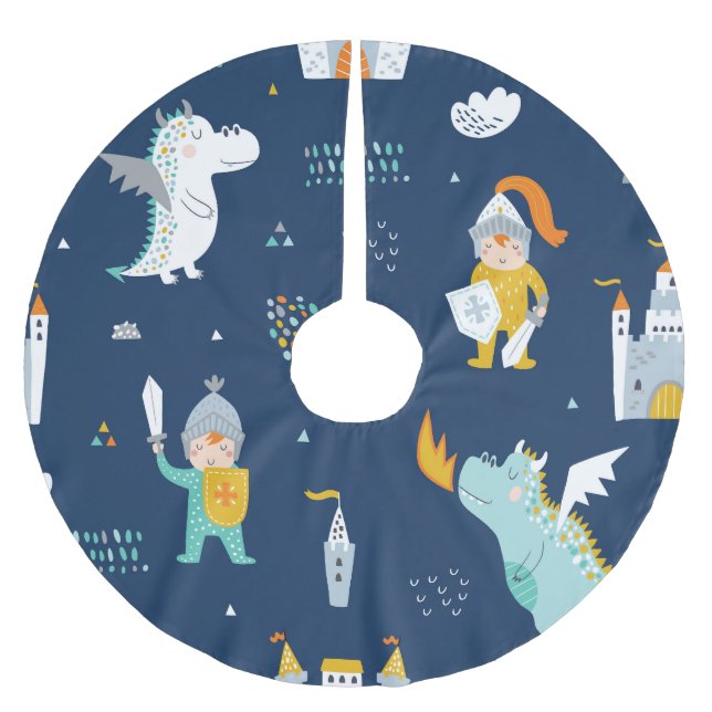 Saia Para Árvore De Natal De Poliéster Knight Dragon Castle Padrão Infantil (Frente)