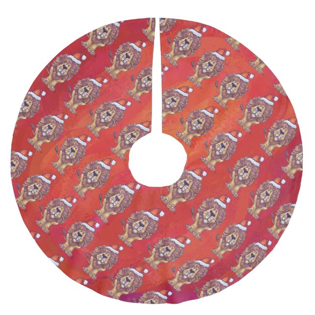 Saia Para Árvore De Natal De Poliéster Leão Natal Em Vermelho (Frente)