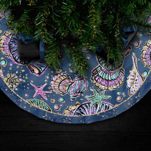 Saia Para Árvore De Natal De Poliéster Luxo subaquático azul Pás Douradas