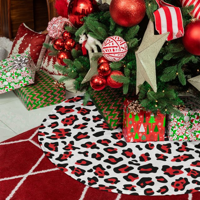 Saia Para Árvore De Natal De Poliéster Mancha-leopardo branca-negra e vermelha (Black White and Red Leopard Spot Brushed Polyester Tree Skirt)