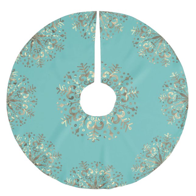 Saia Para Árvore De Natal De Poliéster Mandala Snowflake Dourado Azul Teal (Frente)