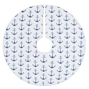 Saia Para Árvore De Natal De Poliéster Marinho de âncora náutica - padrão branco azul