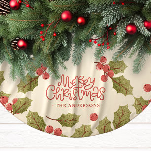 Saia Para Árvore De Natal De Poliéster Monograma de Folhas de Azevinho em Aquarela de Nat