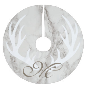 Saia Para Árvore De Natal De Poliéster Monograma de mármore branco do Taupe dos Antlers
