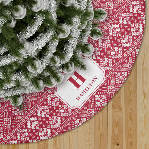 Saia Para Árvore De Natal De Poliéster Monograma do padrão de suéter vermelho e branco