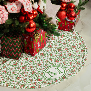 Saia Para Árvore De Natal De Poliéster Monograma Personalizado de Holly Branca Verde Verm