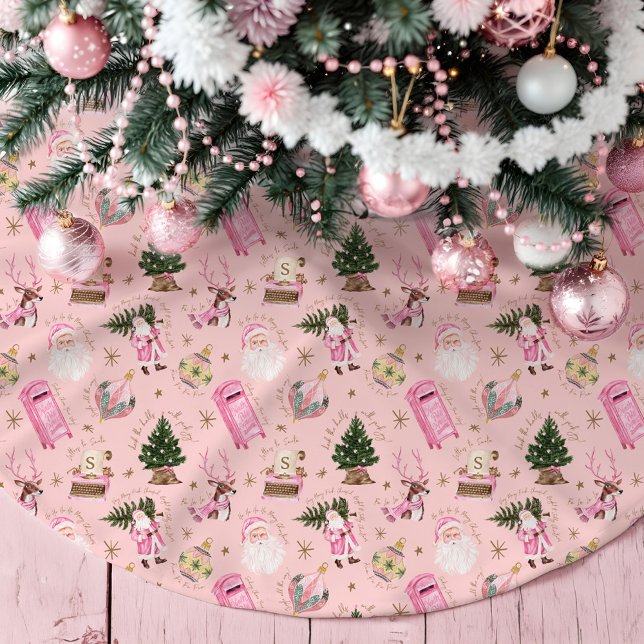 Saia Para Árvore De Natal De Poliéster Monograma Personalizado de Natal Retroativo Papais (Vintage Santa Retro Pink Christmas Custom Monogram Brushed Polyester Tree Skirt)