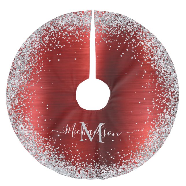 Saia Para Árvore De Natal De Poliéster Monograma Red Silver Glitter Girly Glam (Frente)