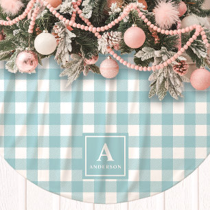 Saia Para Árvore De Natal De Poliéster Monograma Xadrez Gingham Azul e Branco