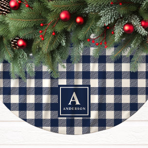 Saia Para Árvore De Natal De Poliéster Monograma Xadrez Gingham Azul Marinho e Branco
