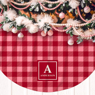 Saia Para Árvore De Natal De Poliéster Monograma Xadrez Gingham Rosa e Vermelho