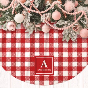 Saia Para Árvore De Natal De Poliéster Monograma Xadrez Gingham Vermelho e Branco