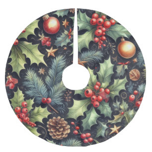 Saia Para Árvore De Natal De Poliéster Motifs de Marinho de Aquarela e Holly Holiday