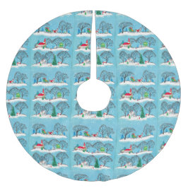 Saia Para Árvore De Natal De Poliéster Natais vintages Cavalo da Igreja Vermelha e Sleigh