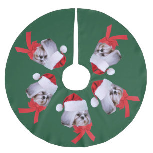 Saia Para Árvore De Natal De Poliéster Natal, cão de Shih Tzu, chapéu do papai noel