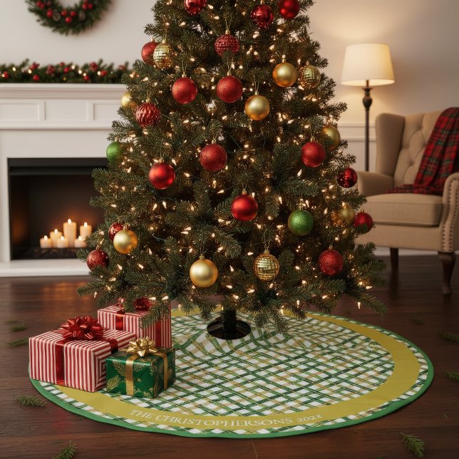 Saia Para Árvore De Natal De Poliéster Natal da Xadrez Verde Dourada (Gold Green Plaid Monogram Christmas Tree Skirt)
