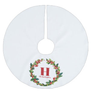 Saia Para Árvore De Natal De Poliéster Natal Holly Wreath Monograma Personalizado