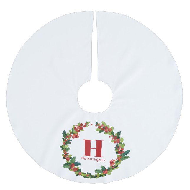 Saia Para Árvore De Natal De Poliéster Natal Holly Wreath Monograma Personalizado (Frente)