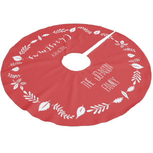 Saia Para Árvore De Natal De Poliéster Natal Vermelho com Decoração de Folhas Brancas