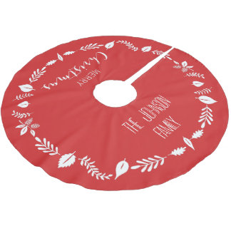 Saia Para Árvore De Natal De Poliéster Natal Vermelho com Decoração de Folhas Brancas