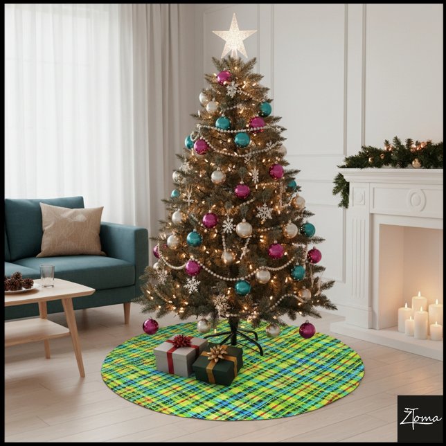 Saia Para Árvore De Natal De Poliéster Neon Yellow Black Plaid Punk Tartan (Criador carregado)