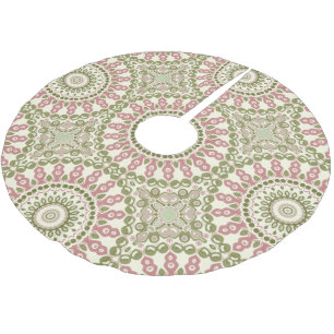 Saia Para Árvore De Natal De Poliéster Padrão Boêmiano Verde e Rosa Mandala Vintage
