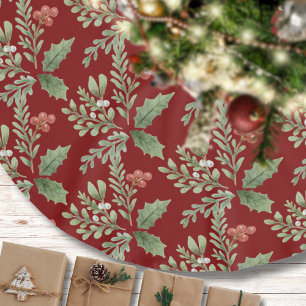 Saia Para Árvore De Natal De Poliéster Padrão Botânico da Aquarela Natal Verde Vermelho