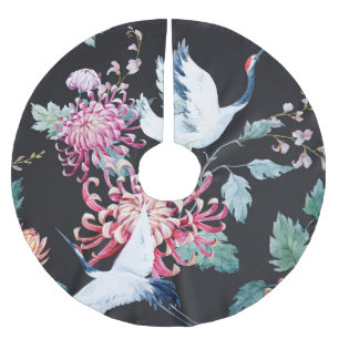 Saia Para Árvore De Natal De Poliéster Padrão de Aquarela de Crane Vermelha Chrysanthemum