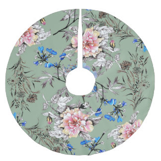 Saia Para Árvore De Natal De Poliéster Padrão de Aquarela Floral de Fundo Verde.