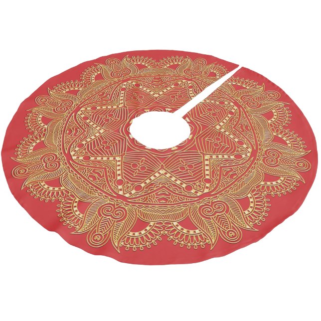 Saia Para Árvore De Natal De Poliéster Padrão de Arte Flor do Ouro Chic Vermelho Mandala (Inclinado)