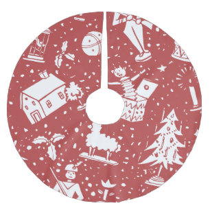 Saia Para Árvore De Natal De Poliéster Padrão de brinquedos de natais vintages em vermelh