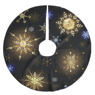 Saia Para Árvore De Natal De Poliéster Padrão de Floco de Neve Decorativo Dourado Sparkle