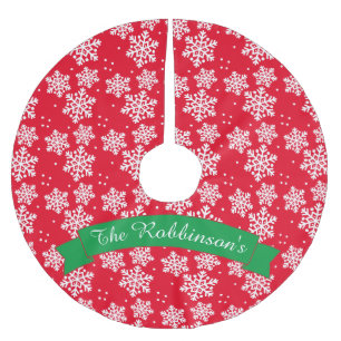 Saia Para Árvore De Natal De Poliéster Padrão de Floco de Neve Vermelho e Branco com Nome