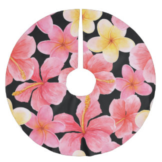 Saia Para Árvore De Natal De Poliéster Padrão de Flores de Hibiscus Plumeria Watercolor