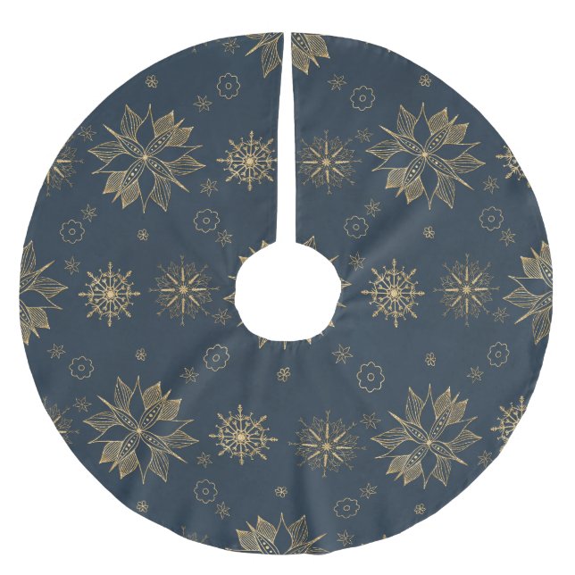 Saia Para Árvore De Natal De Poliéster Padrão Dourado Elegante de Poinsettias Snowflakes (Frente)