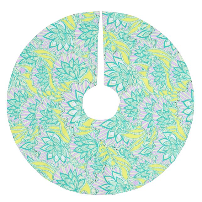 Saia Para Árvore De Natal De Poliéster Padrão floral verde-amarelo (Frente)