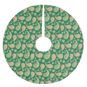 Saia Para Árvore De Natal De Poliéster Padrão Paisley, Dourado suave no Emerald Green