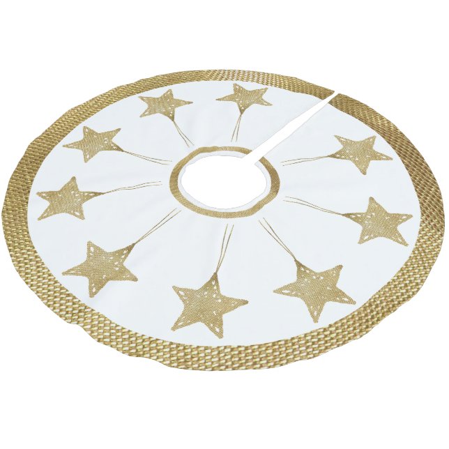 Saia Para Árvore De Natal De Poliéster Padrão Rustic Ouro Stars Sobre Branco (Inclinado)