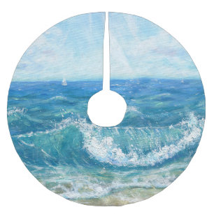 Saia Para Árvore De Natal De Poliéster Paisagem de verão, ondas azuis, pintura acrílica.