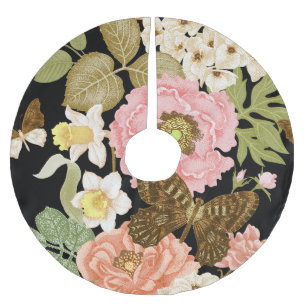 Saia Para Árvore De Natal De Poliéster Peônias de Rosas Vintage: Padrão Floral Preto