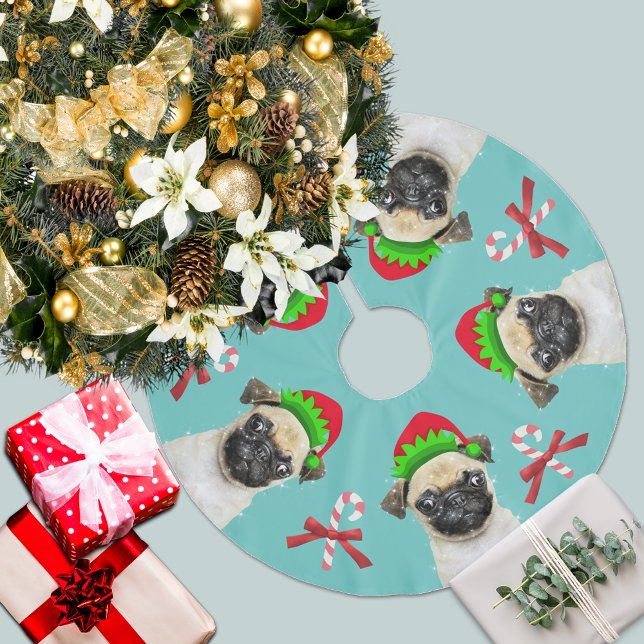 Saia Para Árvore De Natal De Poliéster Pug Elves Candy Canes | Azul Aqua (Criador carregado)