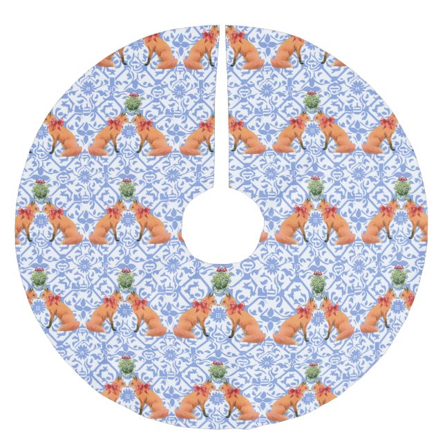 Saia Para Árvore De Natal De Poliéster Raposas Beijando Sob Mistura Chinoiserie Azul (Frente)