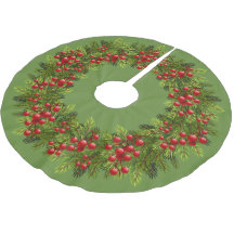 Red Holly Berries Green Pine Tree Motif