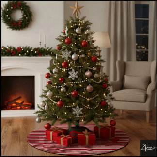 Saia Para Árvore De Natal De Poliéster Red White Candy Cane Diagonal Stripes Bow